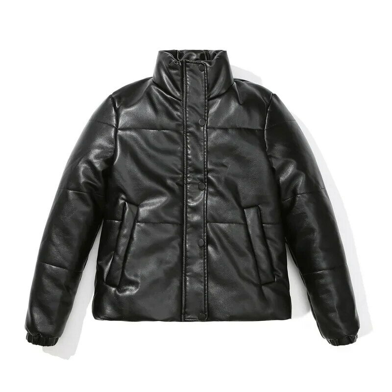 BTQWFD 두꺼운 재킷 여성용 스탠드 칼라 코트, 주머니가 달린 파카, PU 가죽, 모터 바이커 상의, 2024 신상, 겨울