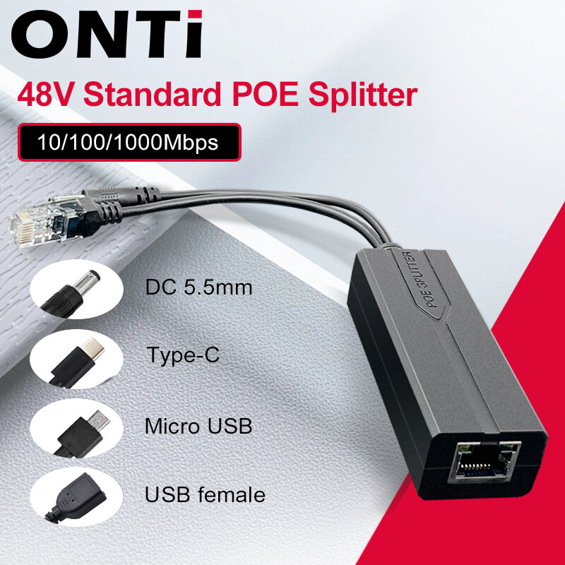ONTi-Standard POE Splitter para Câmera IP, 100m, 1000m, 48V a 5V, 12V, 1.2A, 2.2A, Micro USB, Tipo-C, Roteador sem fio