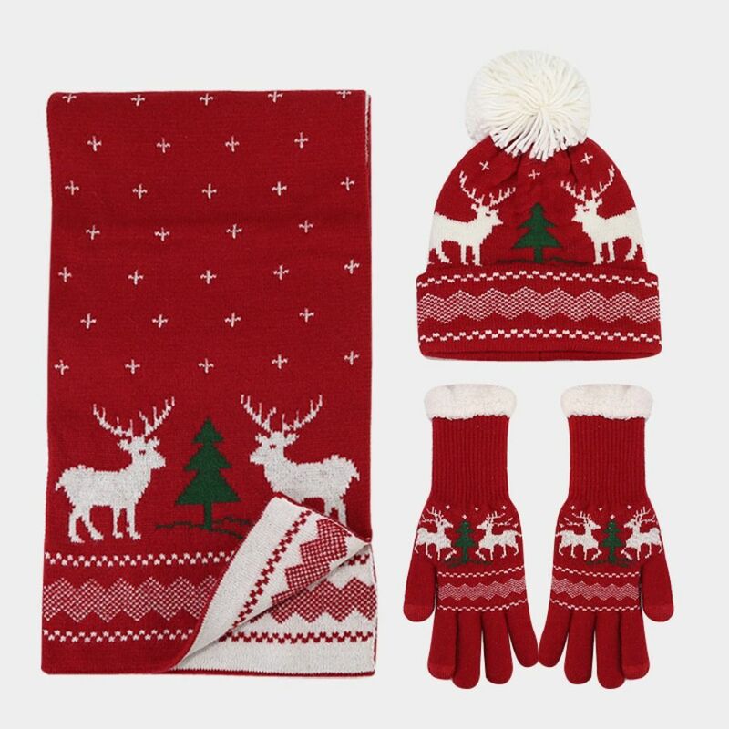 Winter Warm Christmas Hat Scarf Gloves Set Knitted Cold Protection Christmas Touch Screen Gloves Christmas Scarf Winter