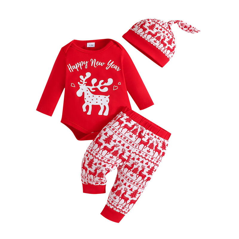 Set pakaian Natal Anak baru lahir, setelan baju bayi balita lengan panjang + celana + topi katun 0-18 bulan