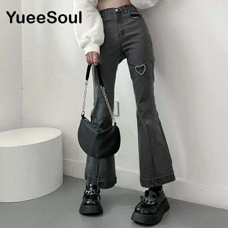 Женские брюки с высокой талией Love, Милые серые металлические брюки-клеш с высокой талией в винтажном стиле, Y2K, повседневная одежда для девушек в стиле 1920-х годов, 2022