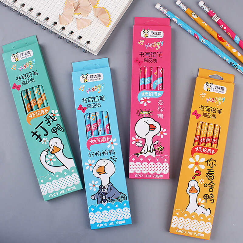 New 6Pcs/box Kawaii Pencils Korean Stationery Supplies Cute Cartoon HB Pen with Duck Pattern Gifts for Kids
