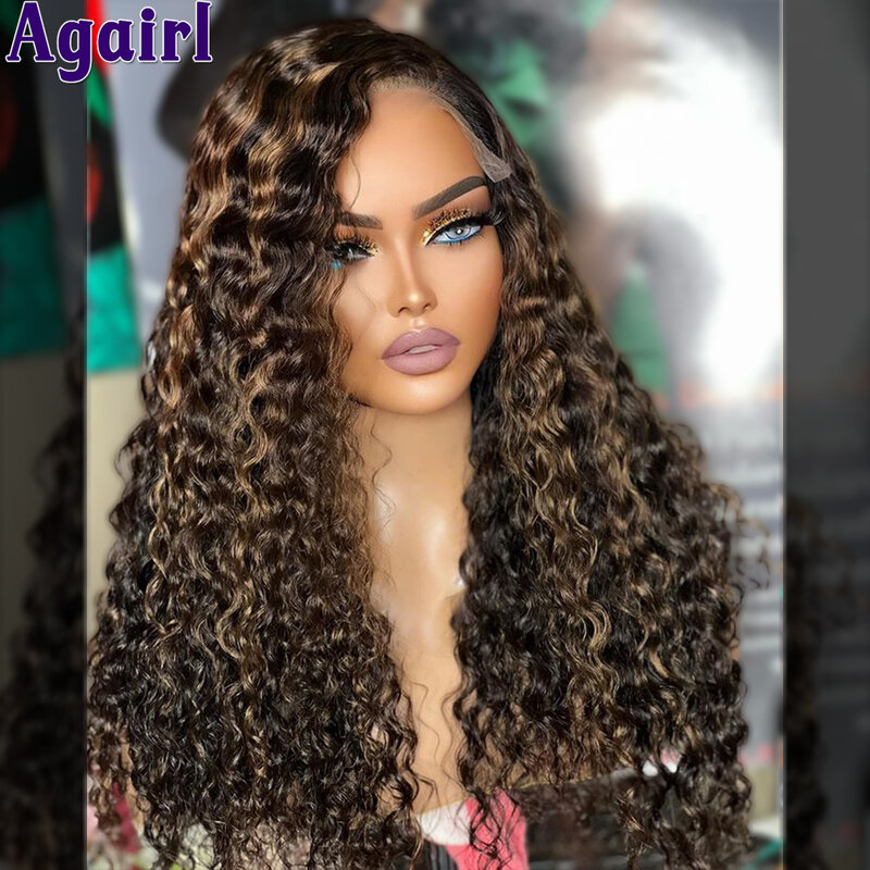 200% Highlight Brown Glueless Ready Go Brazilian Water Wave Lace Frontal Wig 13X6 Curly Human Hair Wigs Transparent 6X4 Lace Wig