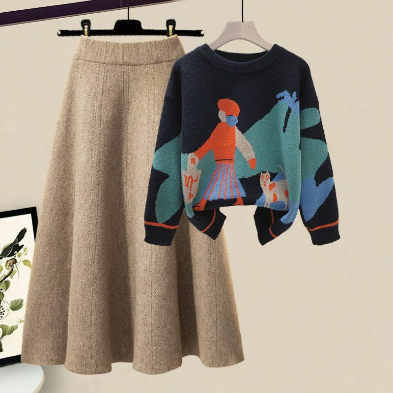 Новинка Зима 2023, вязаный свитер с мультяшным принтом, пуловер, облегающая вязаная юбка, элегантное женское платье из двух частей