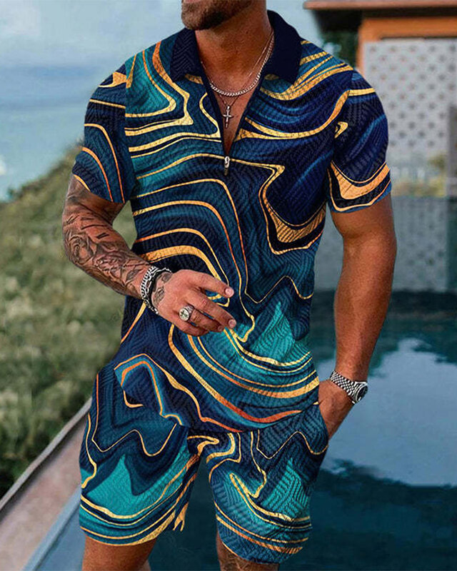 Summer Fashion Ink Paintingr 3D Print Men's Zipper Collar Tracksuit Trend Polo Shirt Shorts 2pcs Sets Men's Streetwear Set