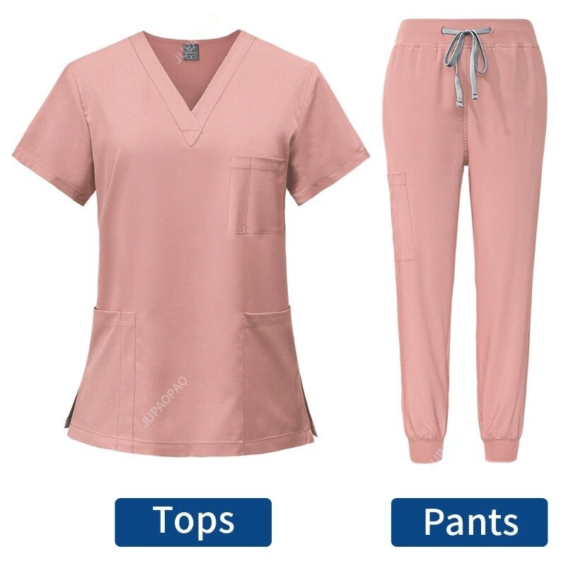 Medical Women Uniforms Hospital Scrubs Sets V neck Tops Pant Nurses Accessories Dental Clinic Beauty Salon Spa Workwear Clothes