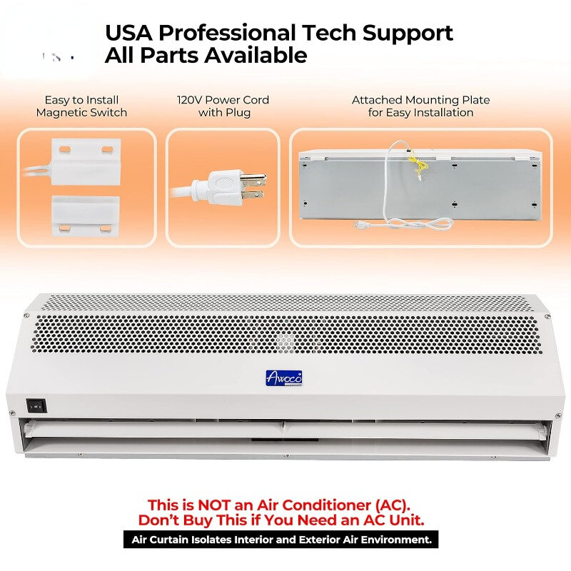 Super Power 2 Speed 1200CFM Commercial Indoor Air Curtain, UL Listed, 120V Unheated - Includes Door Switch 36"