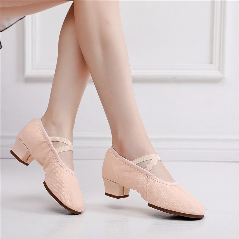SUN LISA Sepatu Dansa Guru Anak Perempuan Wanita Sepatu Balet Jazz Ujung Lembut Sepatu Dansa Kanvas Tumit Tebal