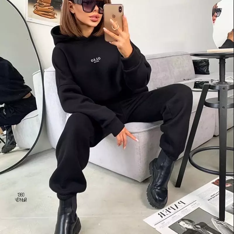 Women Tracksuit Autumn Winter Warm Hoodies Top Suits Casual Hooded Sweatshirts And Jogging Pants Outfits Sweatpants 2 Piece Sets