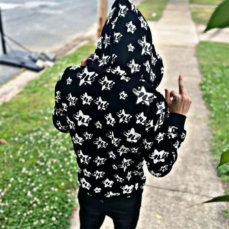 Full Zip Hoodie Men Y2K clothes Hoodie Fashion Hoodies Goth Star graphics Long Sleeve Men's hoodies Sweatshirt Oversized emo Top