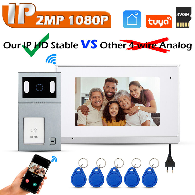 IP Wired Video Intercom for Home Door Phone with 7 Inch Monitor One Button to Call Doorbell RFID Card Remote Open Lock