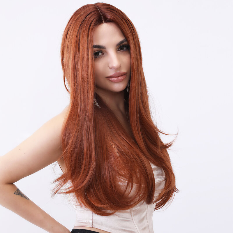 Smilco orange synthetische Spitze vorne lange gerade Perücken für Frauen unsichtbare Spitze vorne vor gezupfte Perücke täglich hitze beständiges Haar