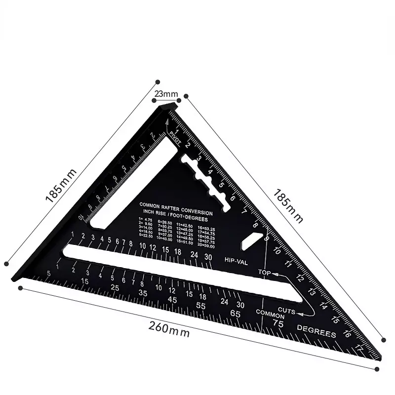 Righello triangolare strumento di misurazione da 7 pollici strumenti da carpentiere in lega di alluminio righello ad angolo metrico in pollici strumenti per la lavorazione del legno quadrati di velocità
