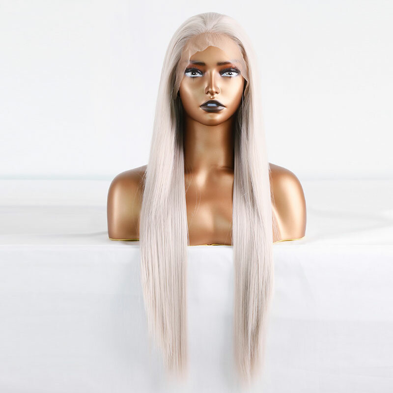 Platynowo-Grey wysokiej jakości proste syntetyczne peruki z przodu z koronką 13x4 bezklejowe włókno termoodporne włosy dla czarnych kobiet na co dzień