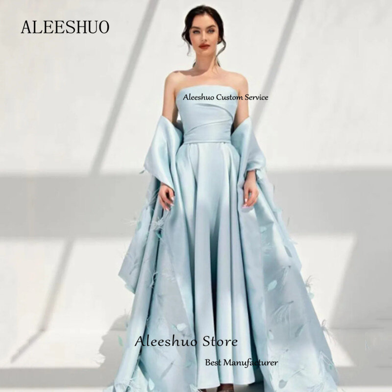 Aleeshuo Exquisite Sky Blue Prom Dress a-line abito da sera senza spalline senza maniche piume occasioni formali Vestido De Noche 2024