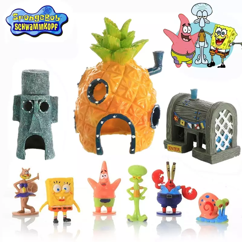 SpongeBob Action Figures Toy Set, Decoração do aquário, Boneca de aquário, Decoração dos desenhos animados, Casa de abacaxi, Crab King Decoration, Anime, Novo
