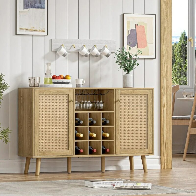 Ротанговый винный шкаф с 2 дверцами, фермерский шкаф для ликера с винной стойкой и стеклянным держателем, буфет из рустикального дуба