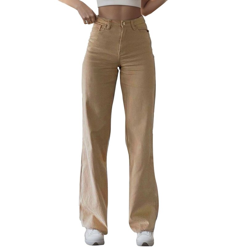 Calça jeans de cintura alta de perna larga feminina, calça mãe, jean lavado, solto, elástico, conforto, casual, moda, Y2K, 2024