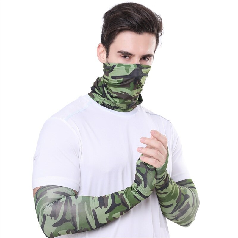 Tactical Camuflagem Face Bandana com mangas, Windproof, ciclismo, caminhadas, lenços, Seami, 2Pcs Set
