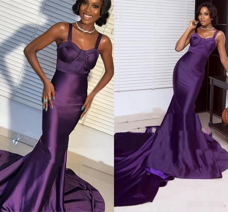 2024 Purple Satin Evening Dresses Straps Mermaid Sweep Train Custom Black Girl Prom Party Gowns Celebrity Formal Occasion Wear