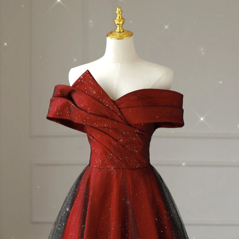 Vestido de novia rojo con hombros descubiertos para mujer, traje de compromiso francés informal, elegante, 2024