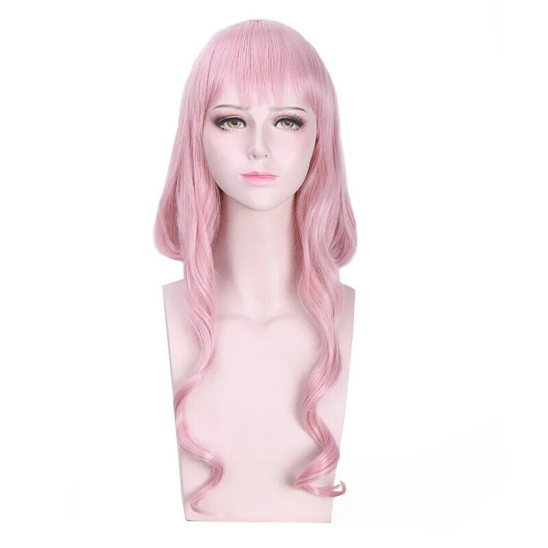 Peruca curta anime cosplay com duas caudas compridas, cabelo sintético partido, rosa