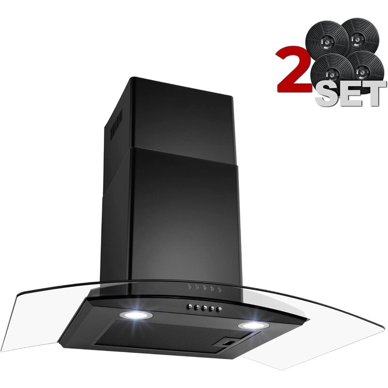 30 in, Black Painted， stainless steel curved wall mounted range hood, 2 sets of charcoal filters，3 speed levels，2 LED lights