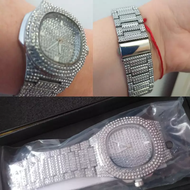 Reloj de cuarzo con diamantes ostentosos para hombre y mujer, pulsera de acero en tono plateado, estilo Hip Hop, 2019