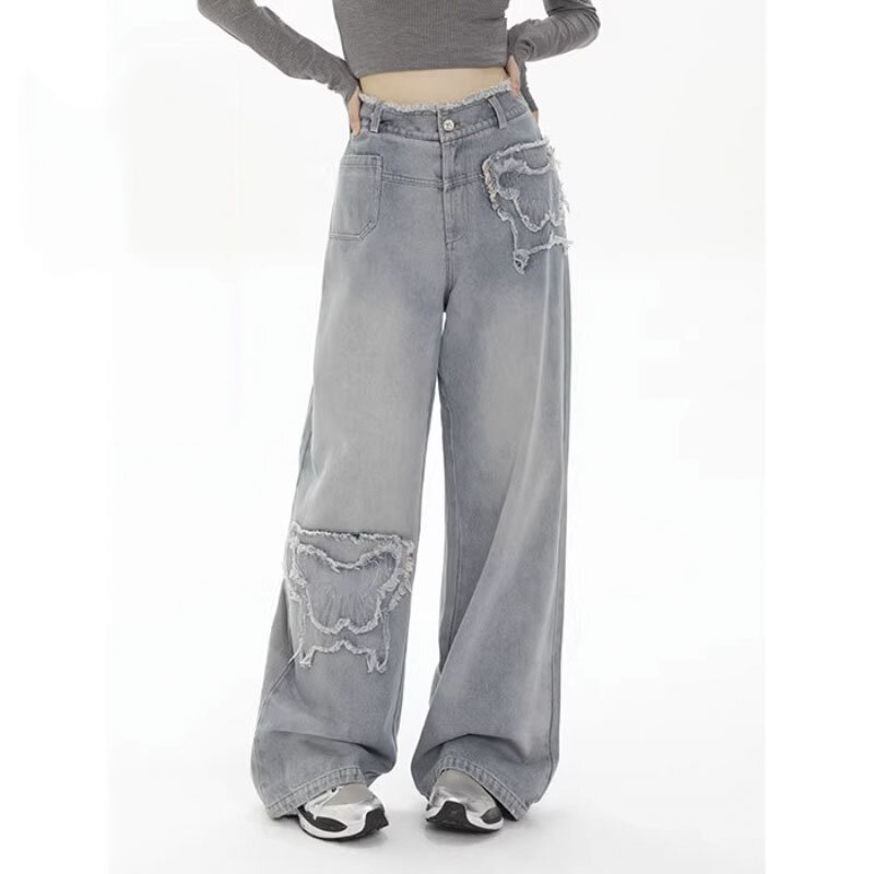 Retro-Mode Jeans mit weitem Bein Damen Herbst hoch taillierte Modedesign Sense Hosen schicke verzierte Jeans hose
