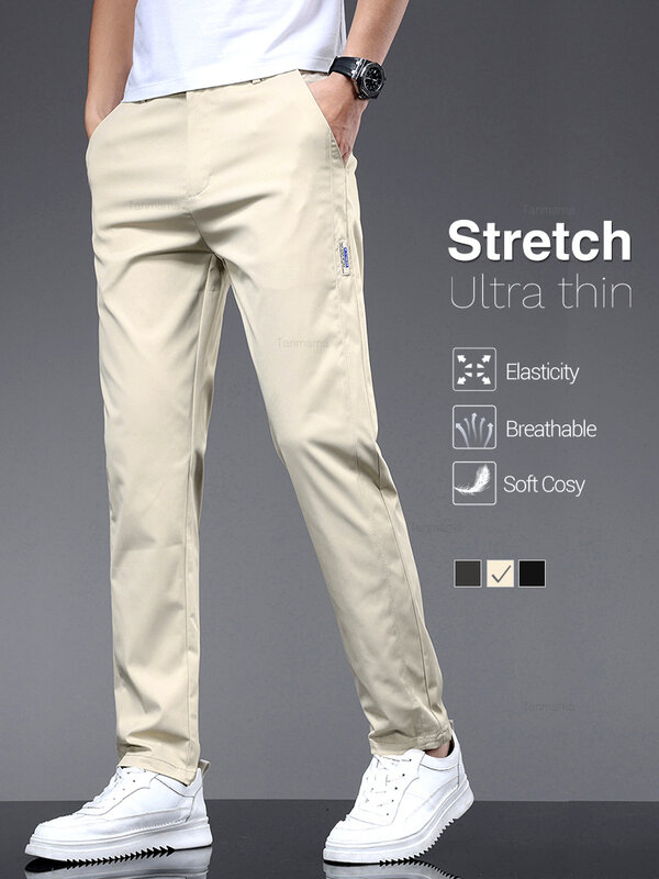 Summer Ultra-thin Men's Elastic Casual Pants Fashion Soft Ice Silk Solid Color Elastic Waist Slim Straight Trousers Black Beige