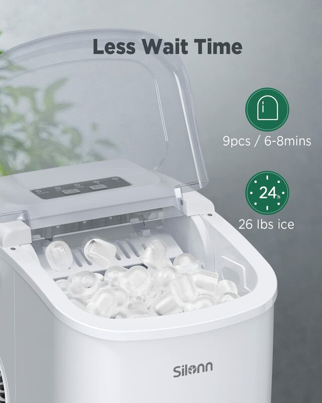 Silonn-máquina de hielo de autolimpieza, 9 cubos listos en 6 minutos, 26 libras en 24 horas, cuchara de hielo y cesta