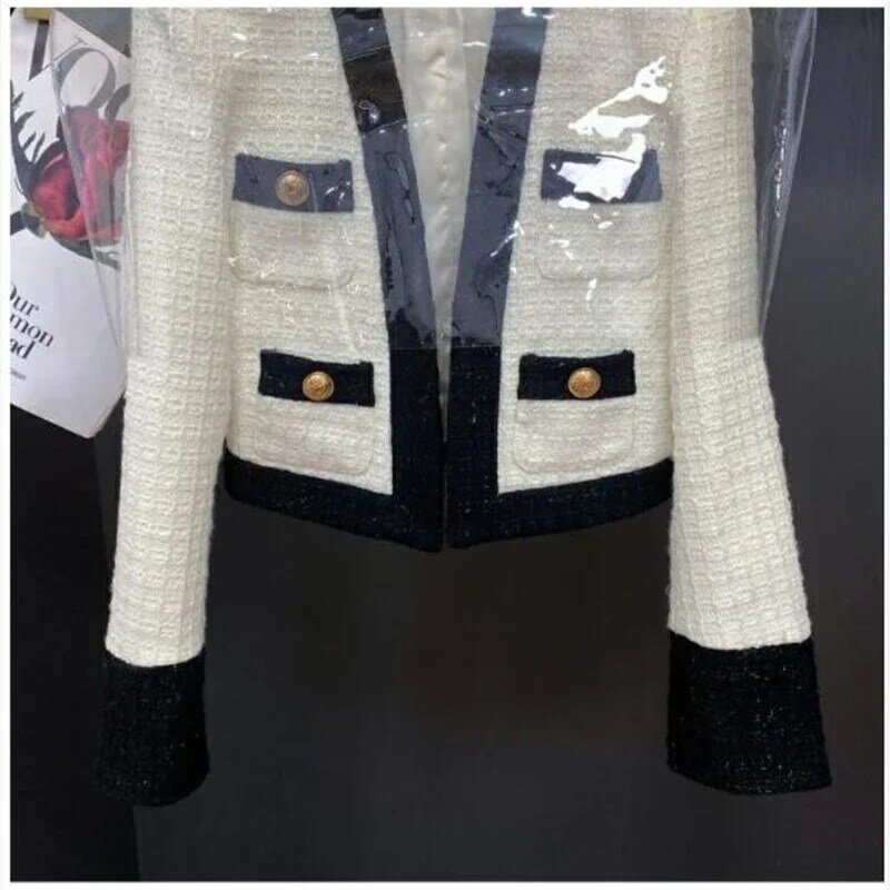 Jaqueta feminina de tweed de fragrância pequena, blazer feminino, manga comprida, botão curto, casual, outwear de escritório, nova, outono, 2024