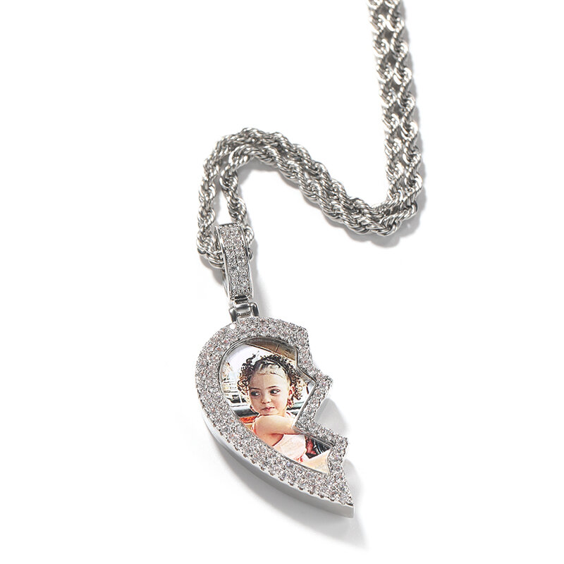 TBTK – pendentif en forme de cœur brisé, cadre Photo, deux images, zircone cubique glacée, bijoux Hiphop, cadeau de Couple pour la saint-valentin