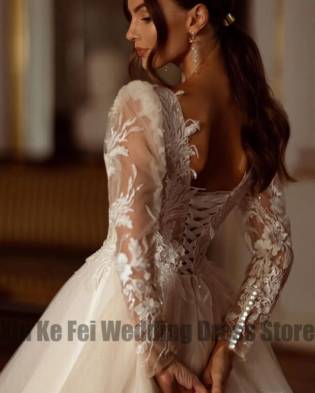Schöne Brautkleider Kleid Spitze Applikationen Langarm V-Ausschnitt flauschig wischen Braut eine Linie Taschen rücken frei elegant neu