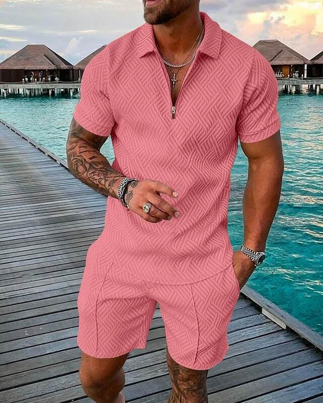 New men's fashion casual solid color striped POLO shirt set lapel short-sleeved pullover sports trend men's T-shirt