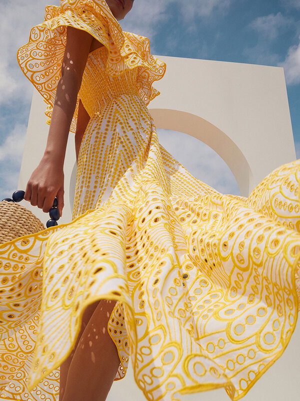Женское кружевное платье без бретелек, желтое винтажное платье без рукавов с вырезами и высокой талией, лето 2023