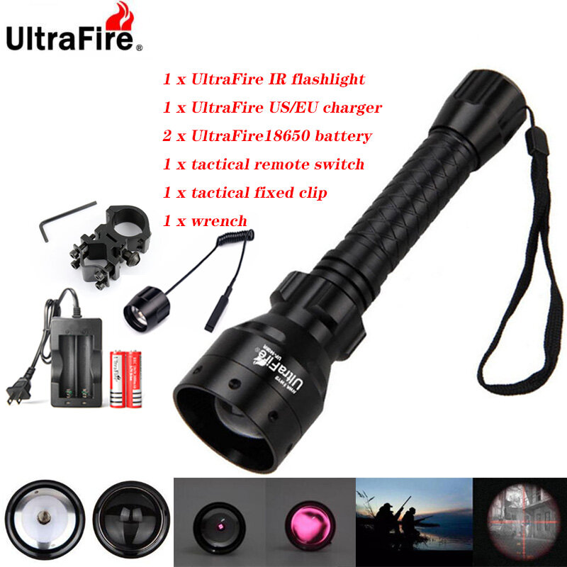 Ultrafire penglihatan malam IR, Senter LED 10W 850nm 940nm dapat diperbesar, senter inframerah radiasi berburu baterai 18650