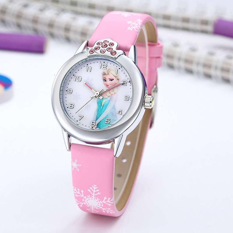 Montres princesse Elsa avec bracelet en cuir pour filles, montres-bracelets de dessin animé mignon pour enfants, horloge congelée, cadeaux pour enfants