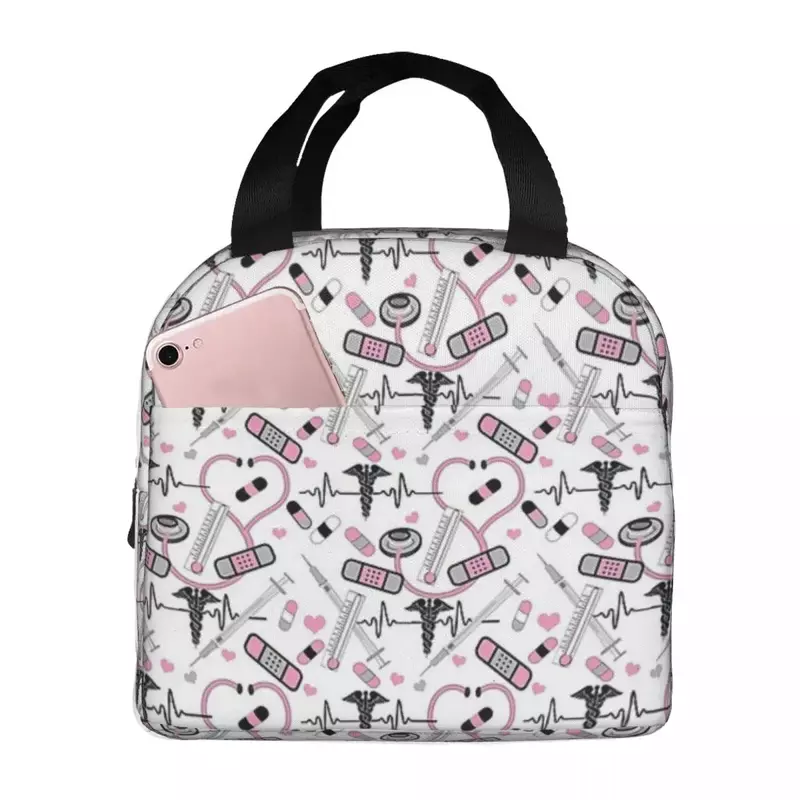 Cute Stethoscope Nurse Doctor EKG Pattern Insulated Lunch Bags Waterproof Picnic Bags Lunch Tote for Woman Work Children School