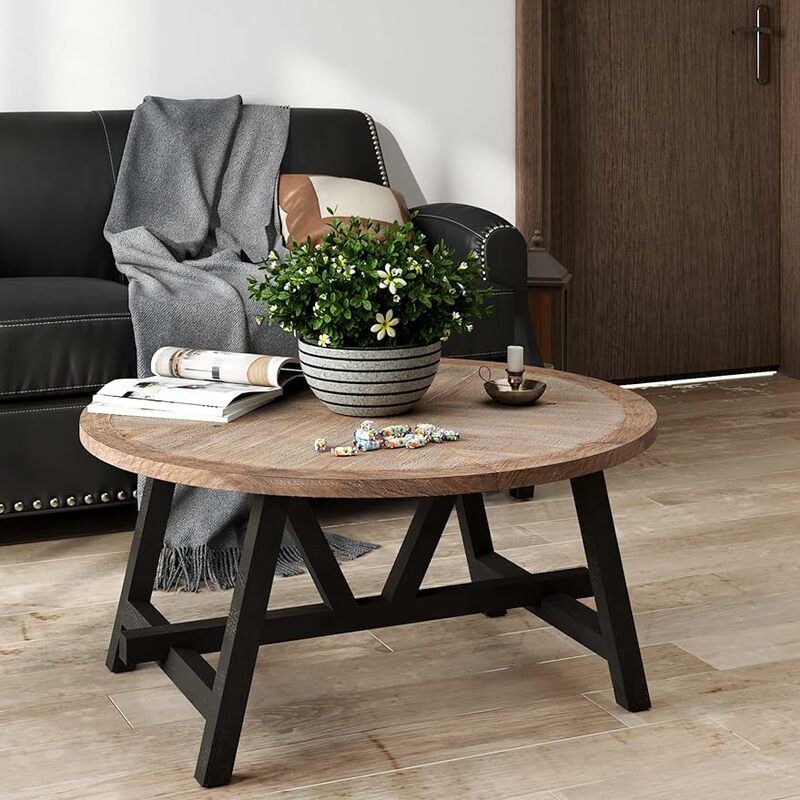Table basse rustique de ferme avec base géométrique, table d'accent de campagne française pour la famille, salle à manger ou salon, moderne et ronde