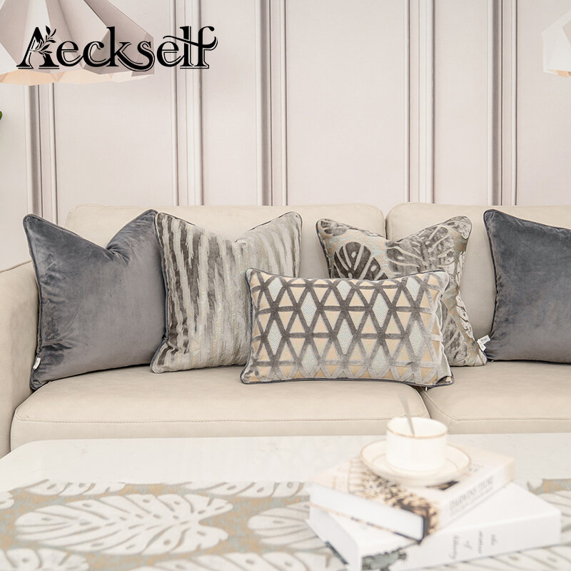 Роскошный бархатный чехол для подушки Aeckself с изображением цветов листьев, домашний декор, Серый чехол для диванной подушки, чехол для подушки для спальни