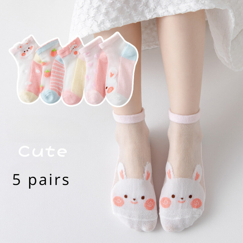 5Pairs/Lot Summer Soft Cotton Girl Socks Breathable Children Short Ankle Socks Kids Lace Princess Mesh Cartoon Socken