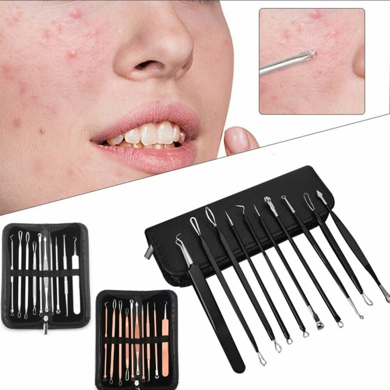 Stainless Blackhead Remover Tool Kit Deep Cleansing With Bag Blemish Extractor Face Skin Care Tools Pimple Tweezer Facial