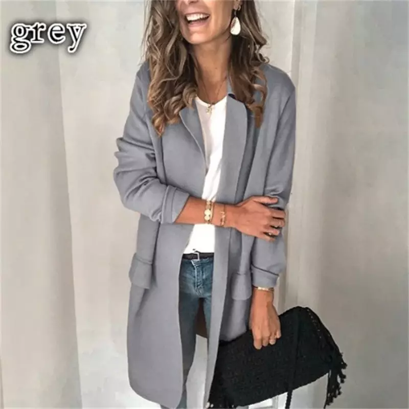 New Selling Women Fashion Casual Suit Jacket Solid Color Long Sleeve Turn-Down Collar Long Cardigan Coat
