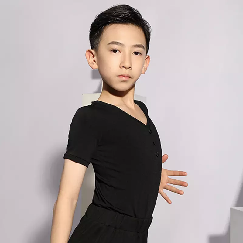 Short Sleeve Kids Latin Dance Tops Professional V Neck Design Male Latin Dancing T Shirt Belly Ballroom Tango Dresses