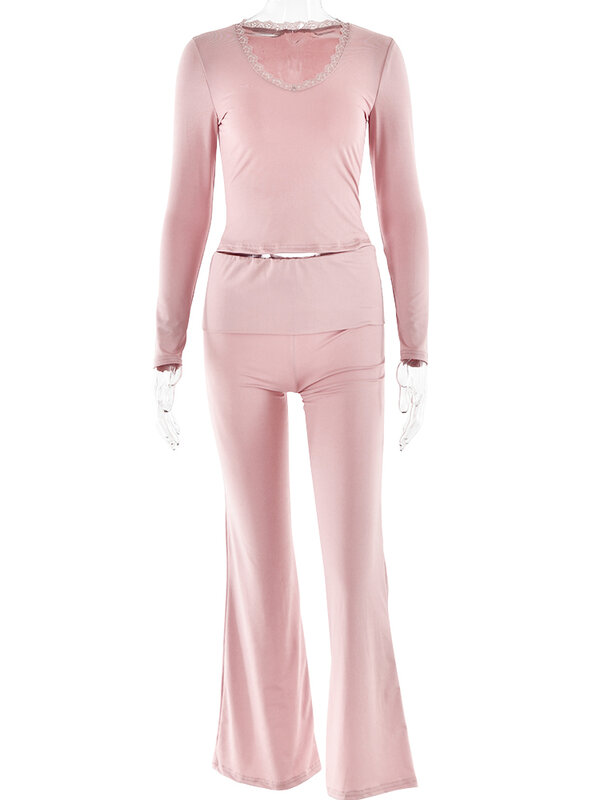 Fantoye-Ensemble deux pièces sexy en dentelle pour femmes, t-shirt rose à manches longues, pantalon taille haute, slim, décontracté, imbibé, 2024