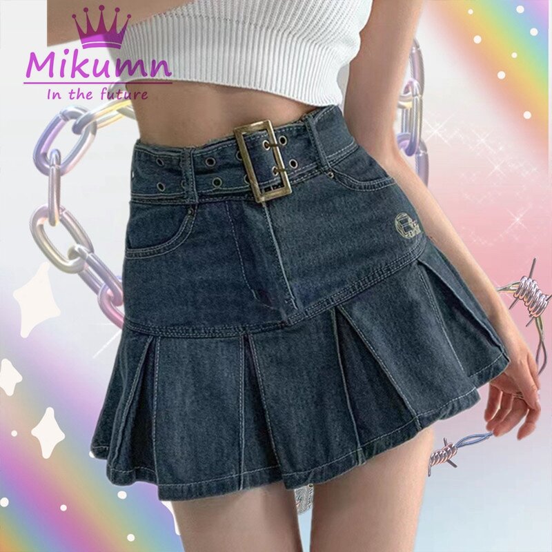 Harajuku Y2k Kawaii Hot Girl Denim Skirt College Style Women Pleated Skirt Jeans Casual High Waist Mini A-line Short Skirt Saias
