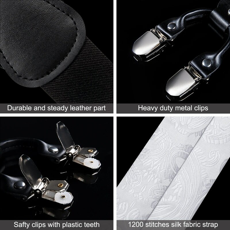 Suspensórios de seda branca de luxo ajustável 6 clipes suspensórios DiBanGu couro de metal pré-amarrado Bow Tie broche bolso quadrado conjunto