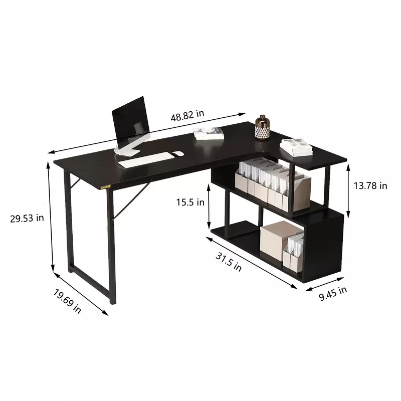 Meja Komputer berbentuk L dengan 2 rak, rak buku, meja komputer sudut Modern dengan penyimpanan, meja belajar meja tulis