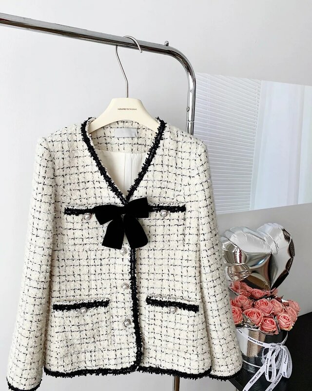 Jaqueta feminina elegante de Tweed com gola V, outwear solto feminino, manga comprida, peito único, outono, inverno
